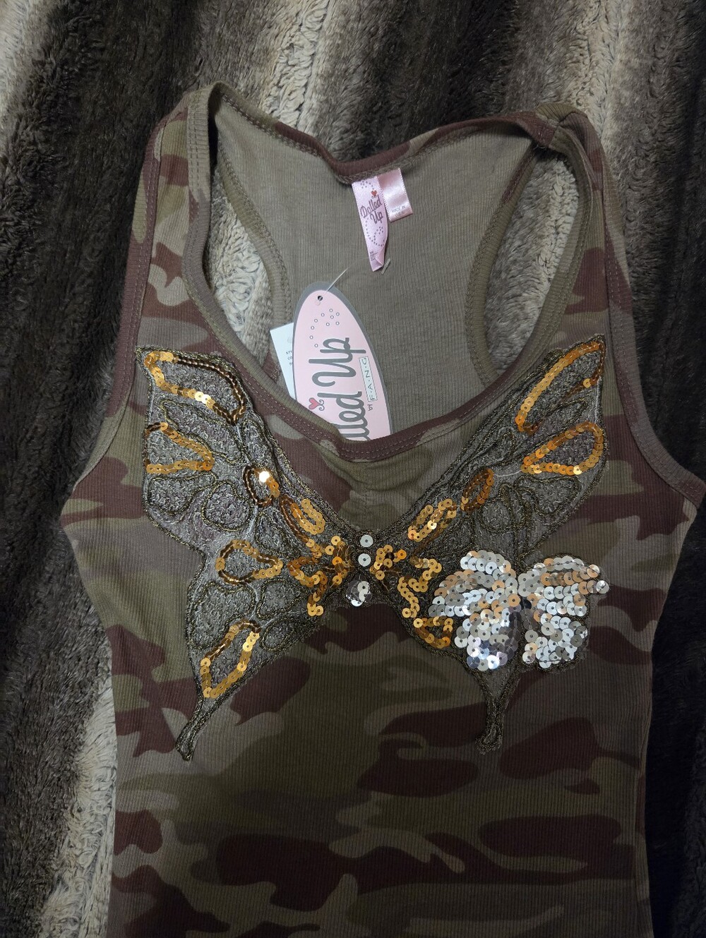 Y2K VINTAGE MADE IN USA Camo Sequin Butterfly Racerback Tank Size S - Picture 2 of 6